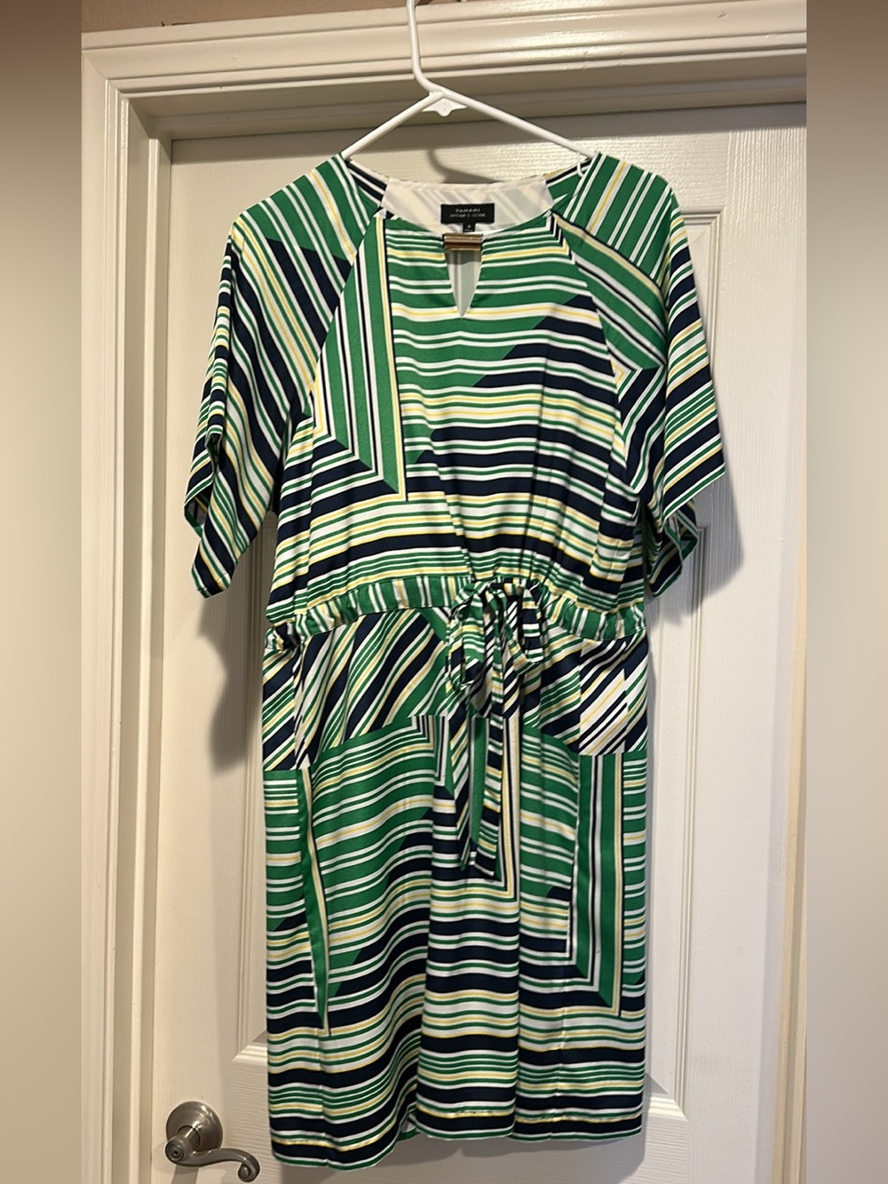 Tahari Green Striped Drawstring Waist Dress